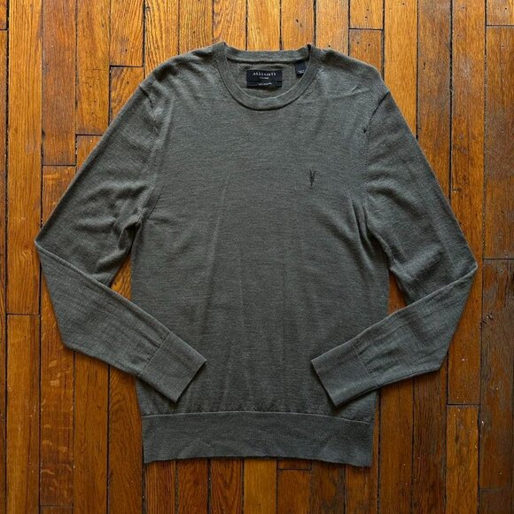 AllSaints 100% Merino Wool Crew Neck Sweater Men XL‎ Grey Embroidered Logo - Picture 1 of 8